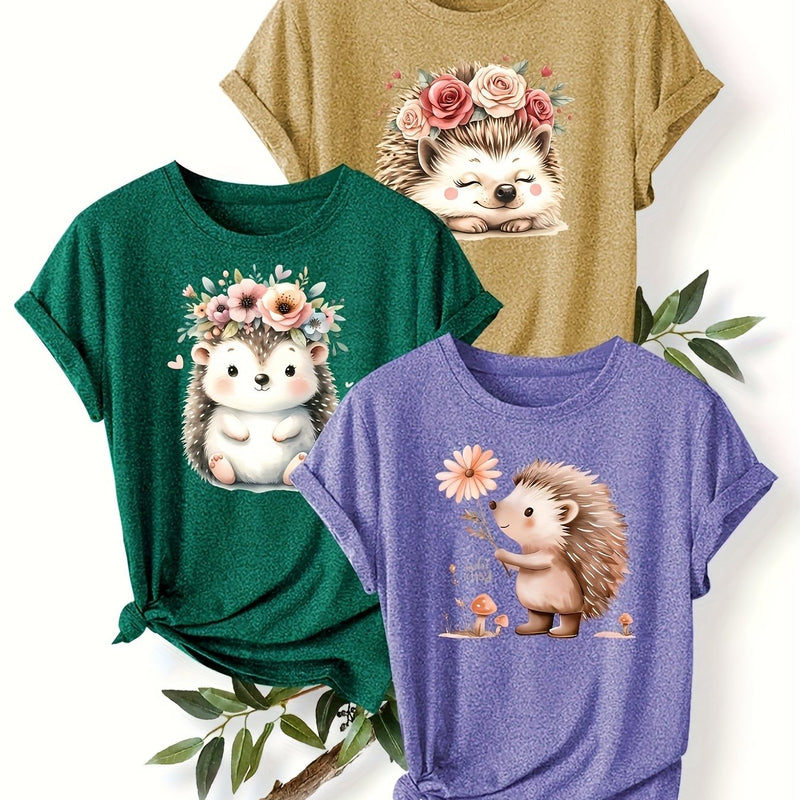 3pcs Women's Cute Hedgehog Graphic T-Shirts.