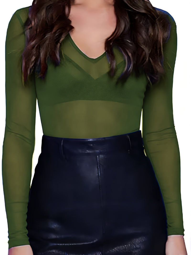 Women's Mesh Solid Color Sheer Sexy Stretchy Bodycon Thin Long-Sleeve Top.