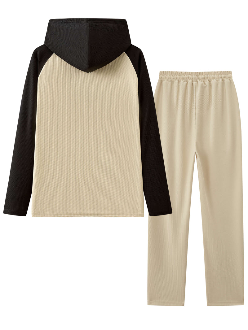 Men's Waffle 2pcs Hooded Sweatshirt Set Top Color Block.