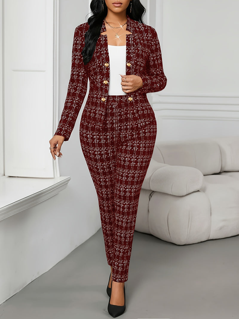 Women’s Elegant Plaid Suit Two-Piece Set with Front Double.
