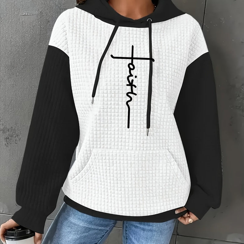 Women's Casual Oversized Hoodie with Checkered Texture & Letter Print.