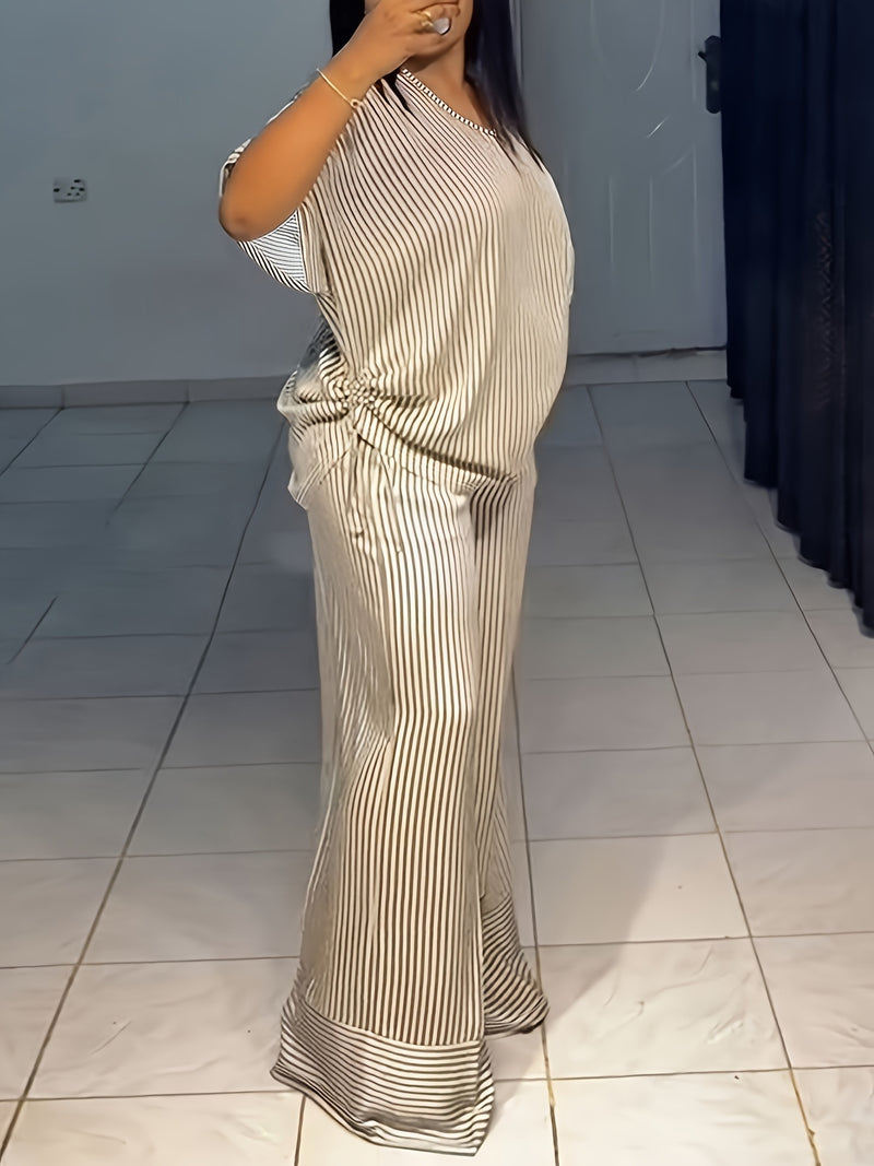 Women's New Casual Loose V-Neck Striped Short Sleeve Top and Wide Leg Pants.