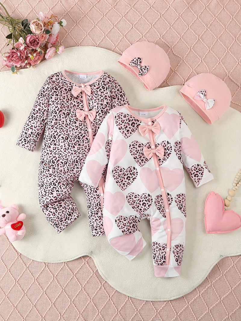 4pcs Girls' Spring/autumn New Leopard Print Romper with Bow Tie and Hat.