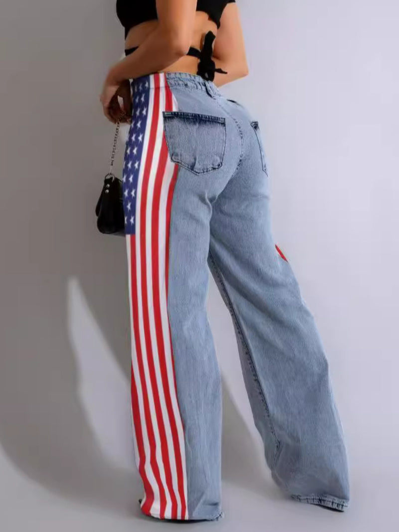 Women's High-Waisted Straight Wide Leg Jeans with American Flag Design.