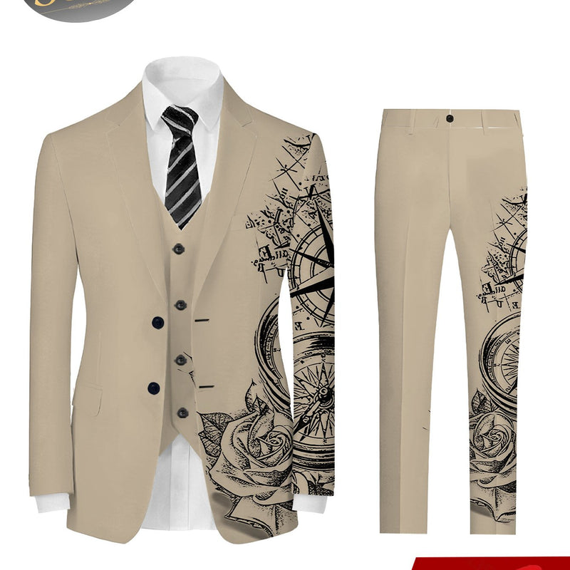 Men'S Digital Print Fashionable Suit Jacket + Vest + Trousers Three-Piece Set.
