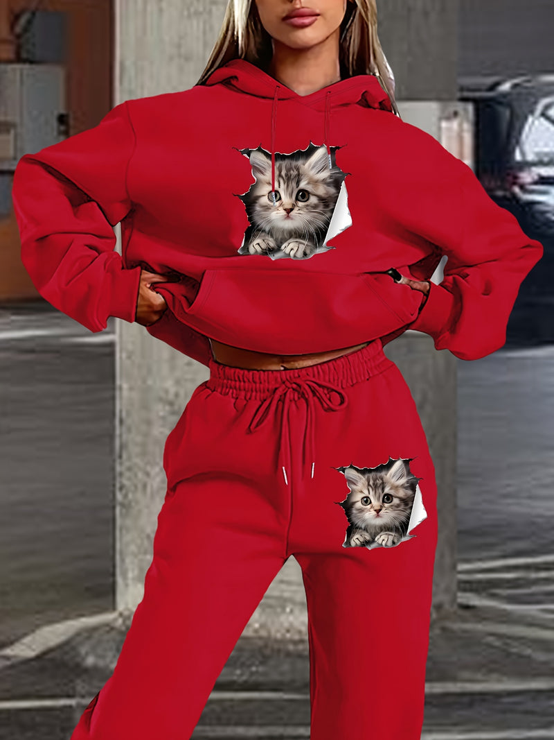 Women's Polyester Hooded Tracksuit with Cat Print.