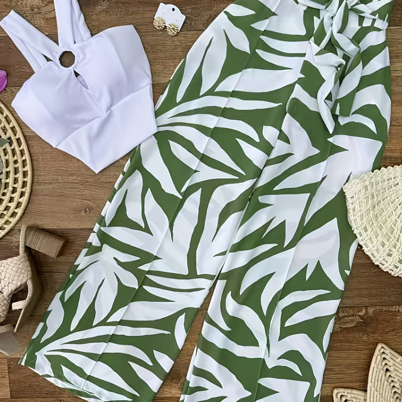 Women’s Elegant White Off-Shoulder Tank Top & Green & White Geometric Print Wide-Leg Pants.