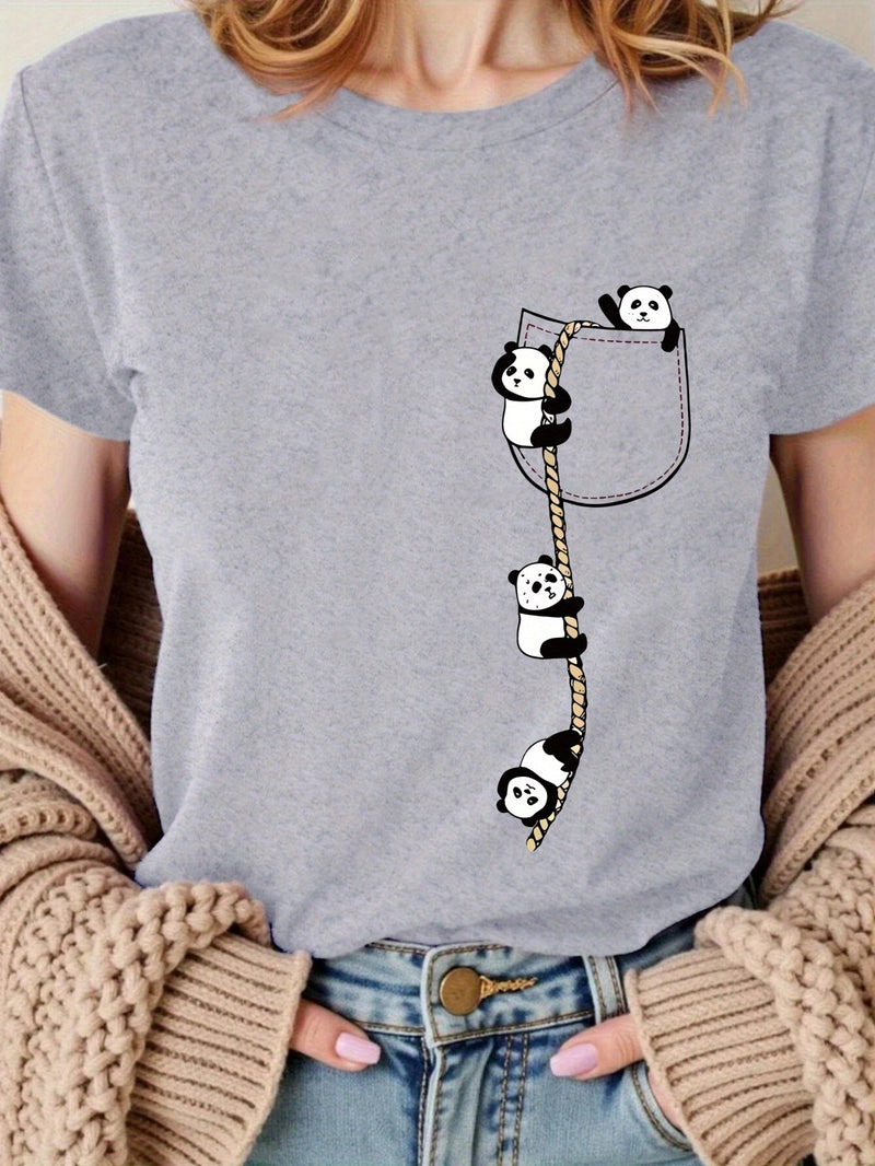 Women’s  Pocket Panda Climbing Rope Cute Pattern Print Fashion Crew Neck T-Shirt.