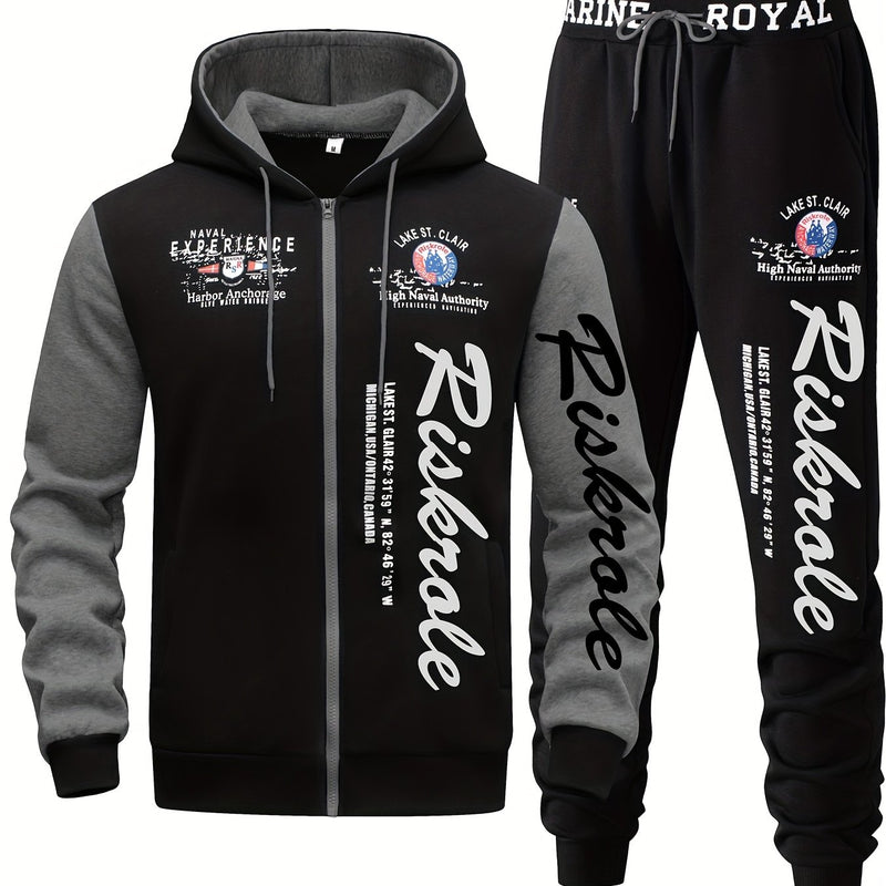 Men's Hooded Sweatshirt with Letter Print, Two-Piece Sports Running Outfit.