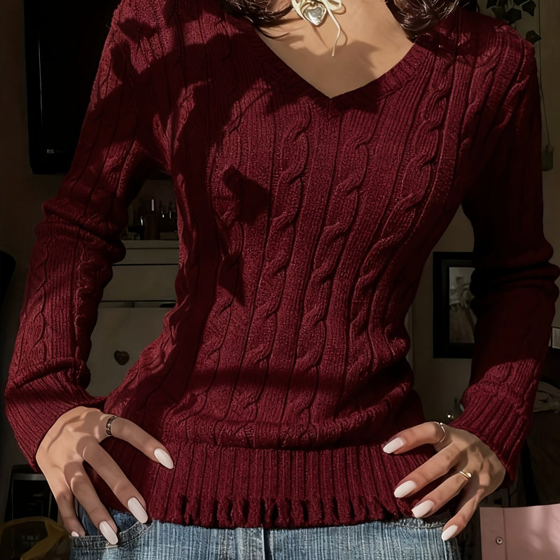 Women's Slim-Fit V-Neck Cable Sweshirt.