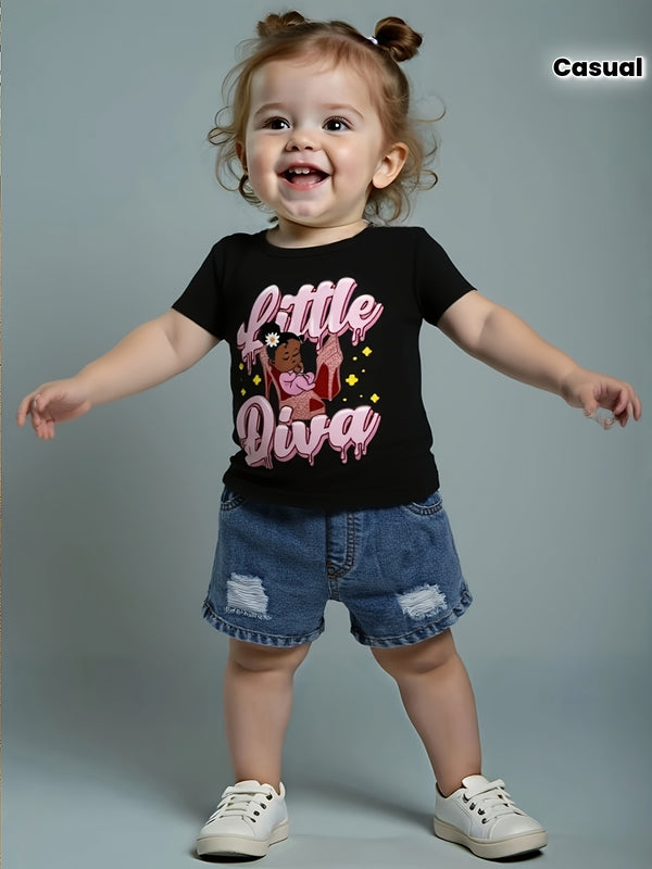 Baby Girl Round Neck Cartoon Girl Letter Pattern Top Casual Denim Shorts.