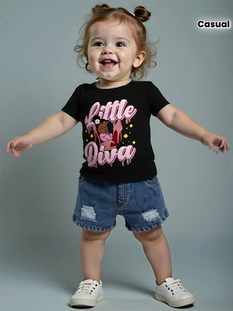 Baby Girl Round Neck Cartoon Girl Letter Pattern Top Casual Denim Shorts.