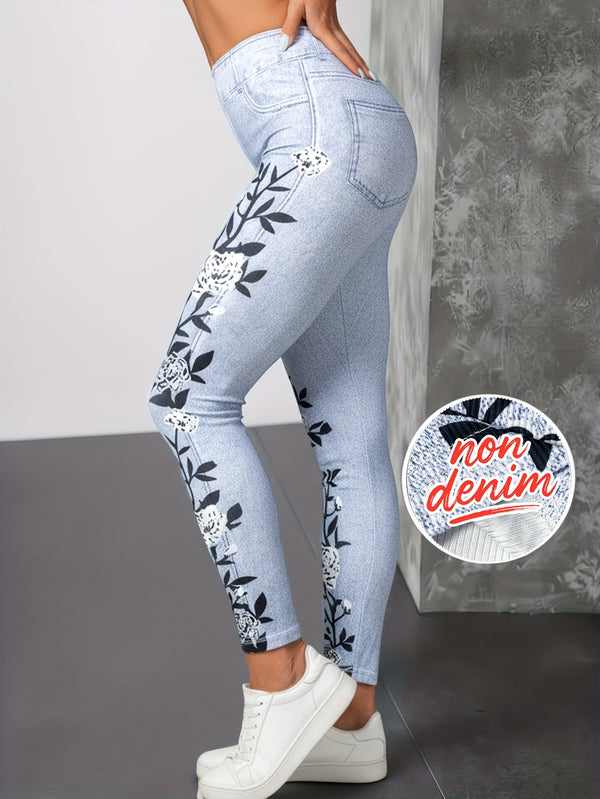 Women's High-Waisted Light Wash Blue Blooming Denim Pants.