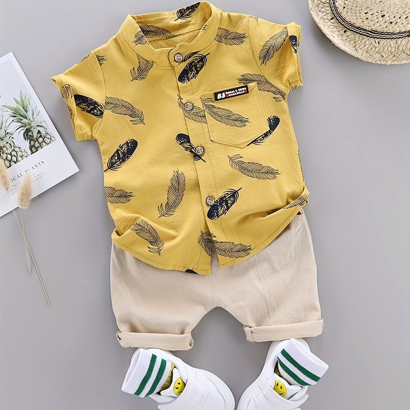 Youngsters Summer Feather Print Short Sleeve Shirt & Shorts Set.