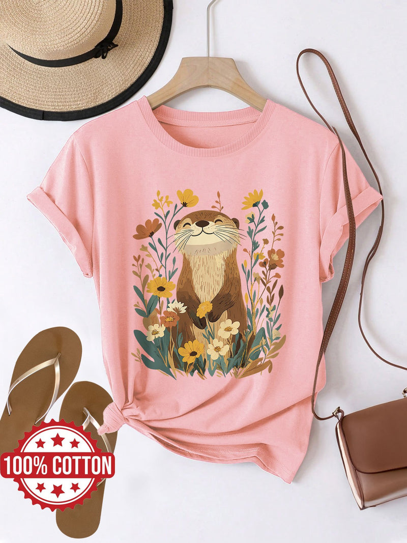 Women's Cute Otter & Floral Print T-Shirt.