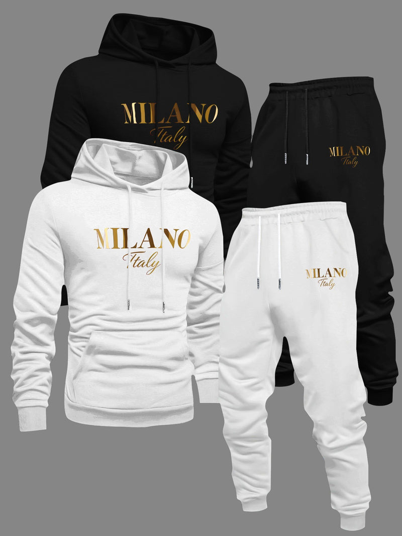 Men's Fashion Slogan Hoodie Four-Piece Set with Drawstring Elastic.