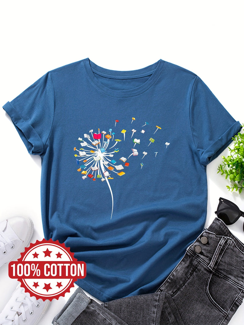 Women's "Dandelions and Books" Graphic T-Shirt.