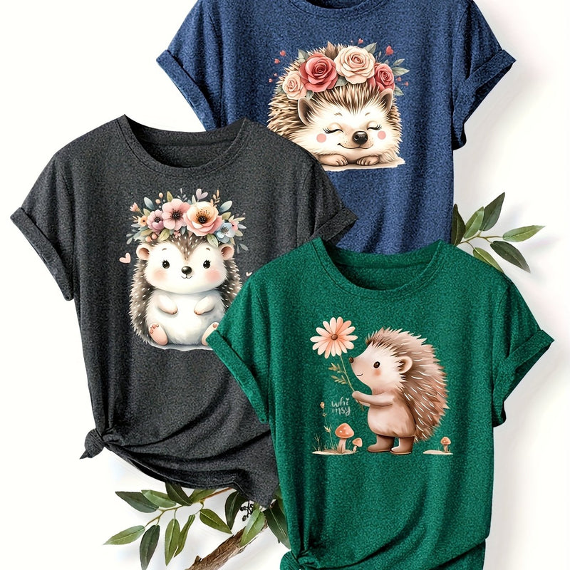 3pcs Women's Cute Hedgehog Graphic T-Shirts.