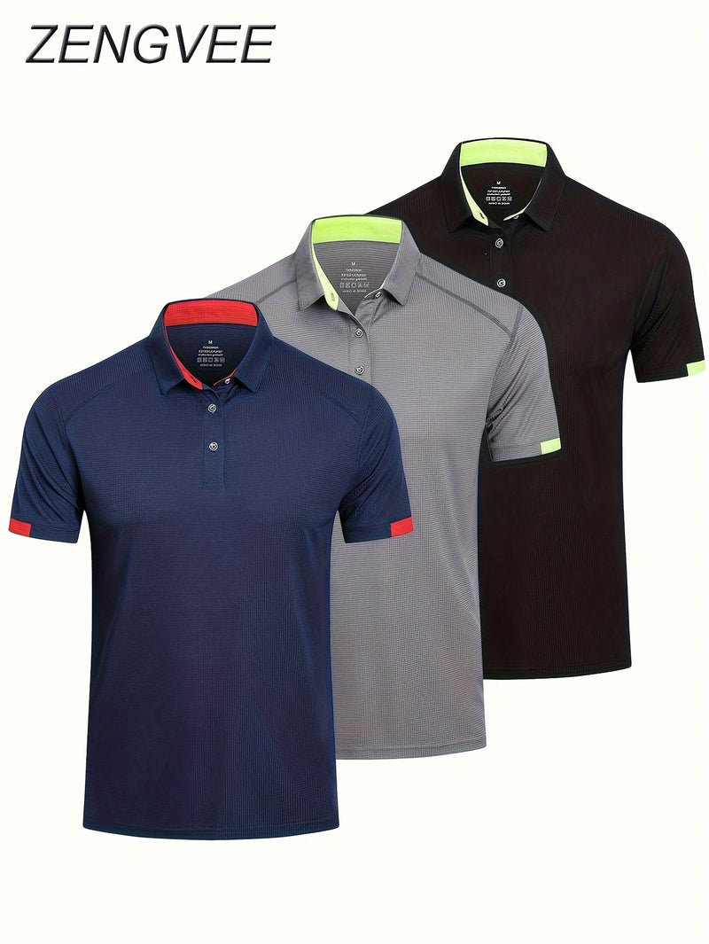 3pcs Mens Shirts Short Sleeve Breathable Quick Dry Golf.