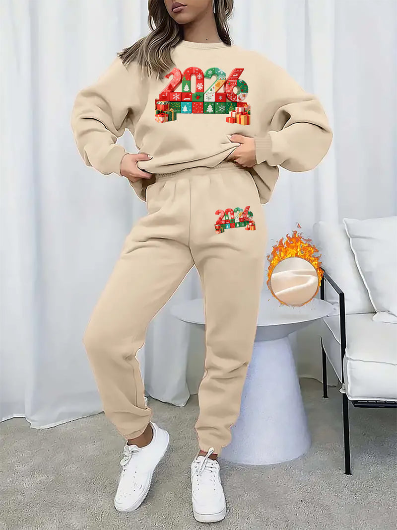 Women's Pullover Round Neck Sweatshirt And Tapered Pants Two-Piece Set.