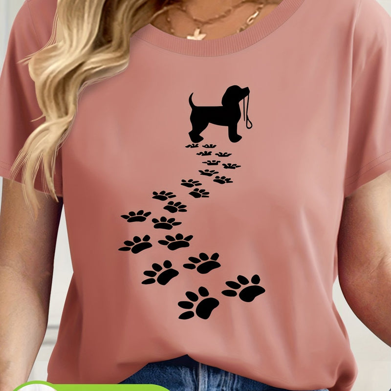 Women's Casual Short Sleeve T-Shirt with Dog Silhouette & Paw Print Graphic.