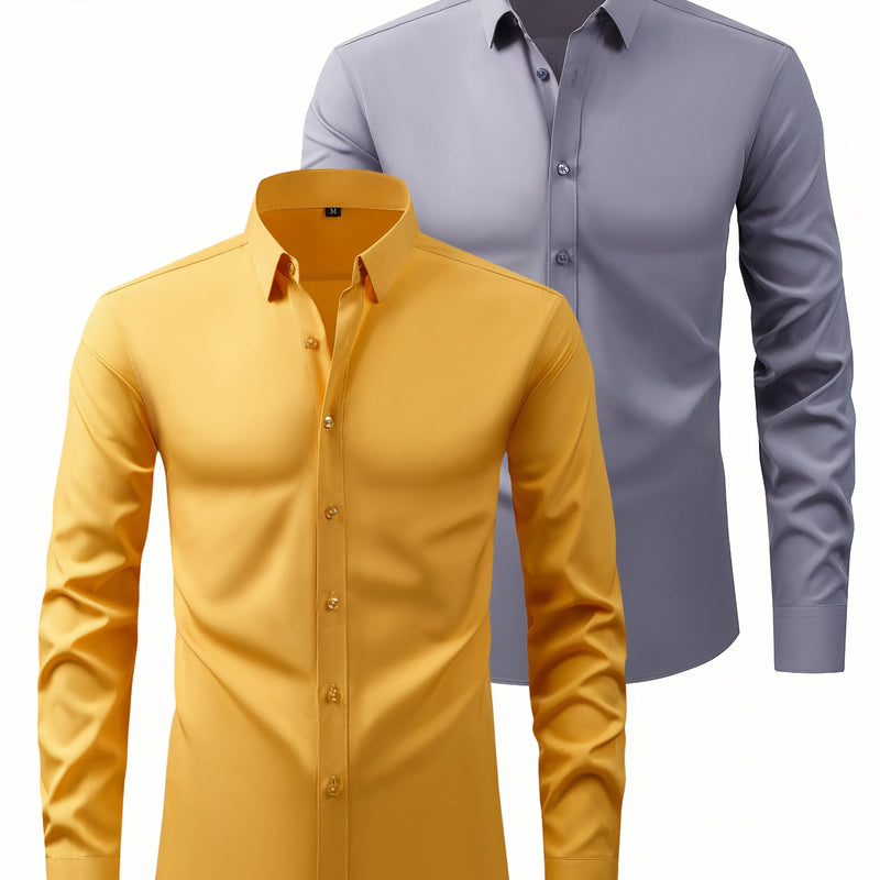 Two-Piece Set of Men's Solid Color Elastic Shirts.