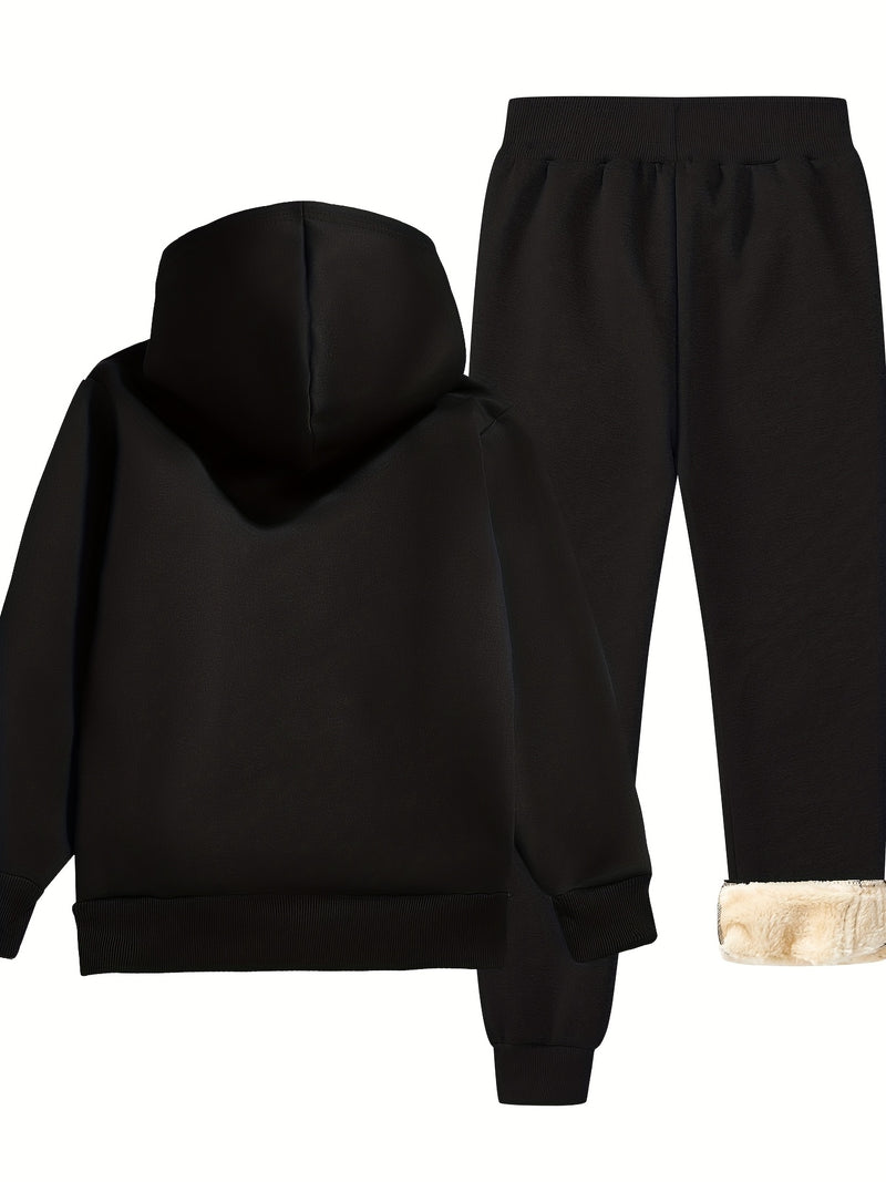 Boys Thick Plush-Lined Zip-Up Jacket + Pants Set.