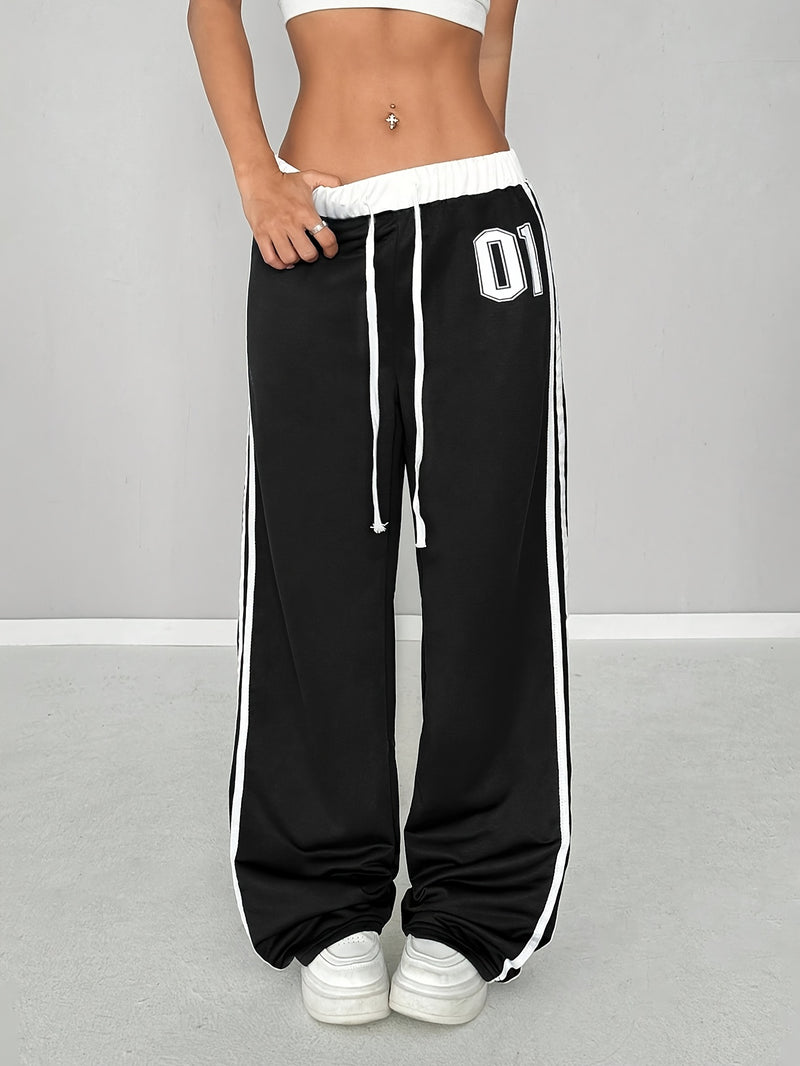 Women'S Color Block Number Print Belt Stitching Casual Street Loose Long Pants.