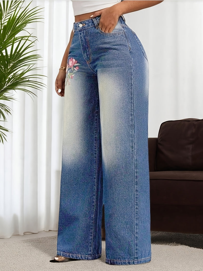 Women’s Spring/Summer New Floral Embroidered Stretch Wide-Leg Pants.