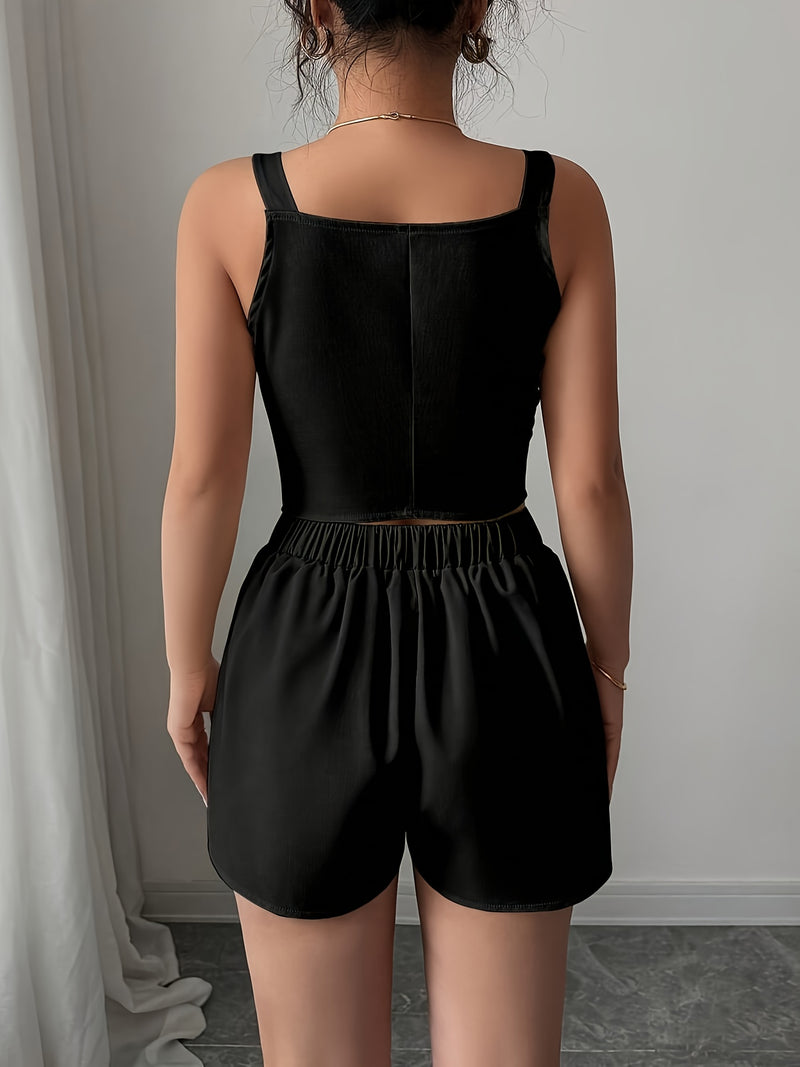 Women's Casual Commuter Simple Solid Color Front Button Vest + Shorts 2pcs.