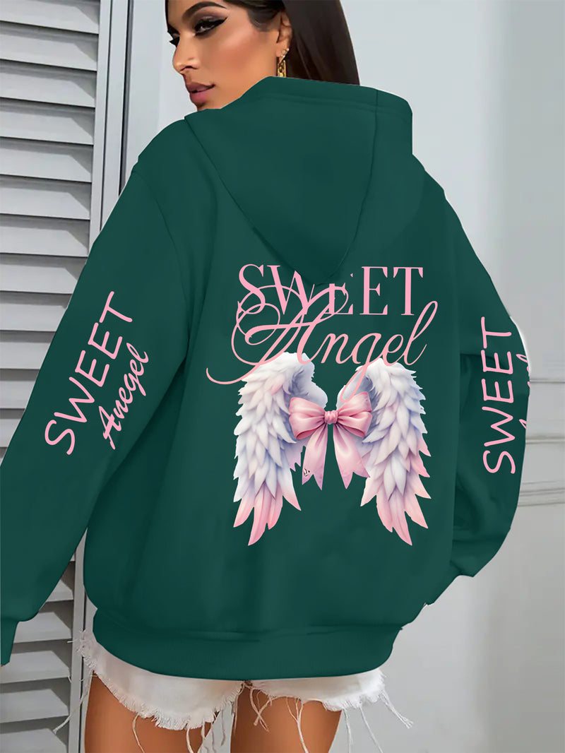 Women's Oversized Hoodie with Pink Wings & Angel Design.