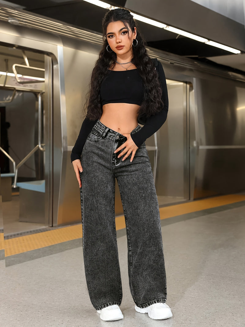 Black And Gray Wide-Leg Straight Women's Jeans.