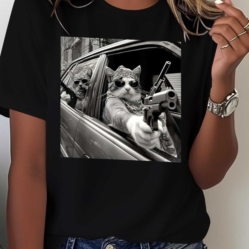 Women's Pure Gangster Cat Print T-Shirt.
