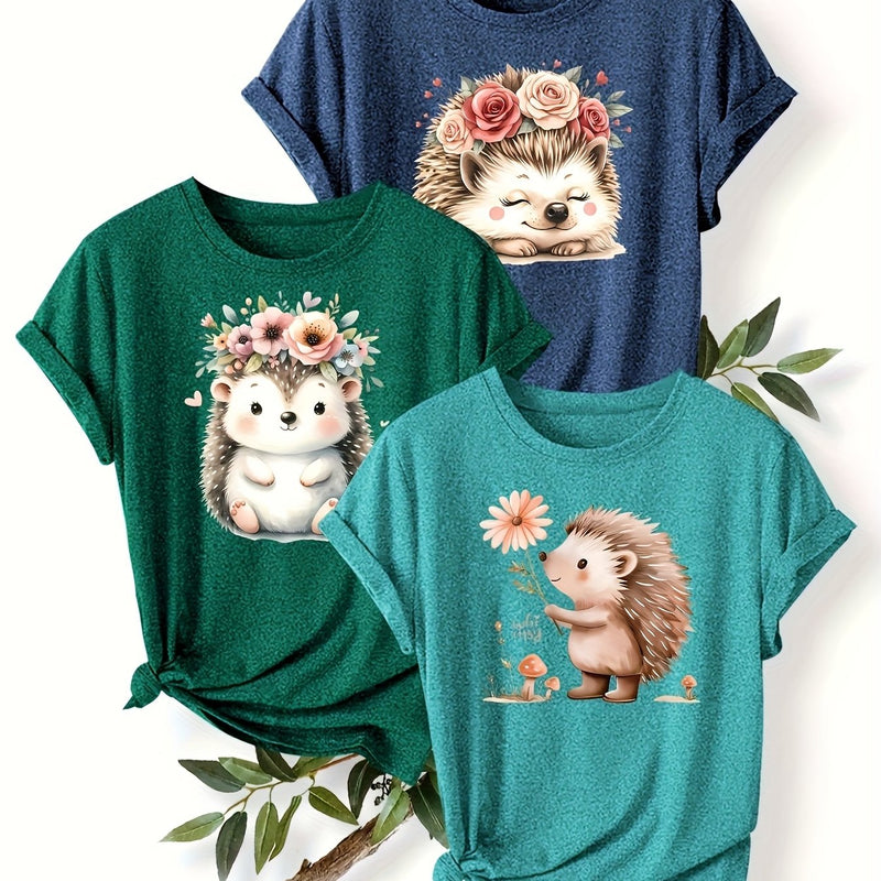 3pcs Women's Cute Hedgehog Graphic T-Shirts.