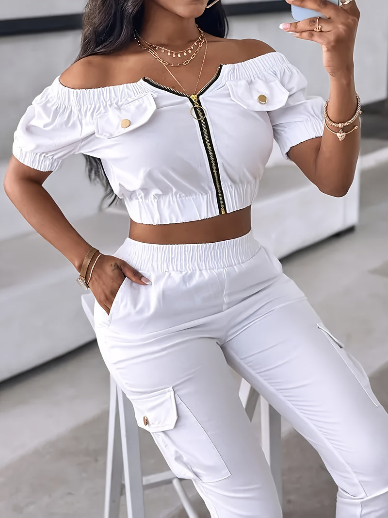 Women’s Elegant Off-Shoulder Short Sleeve Zipper Top and Drawstring Pants.