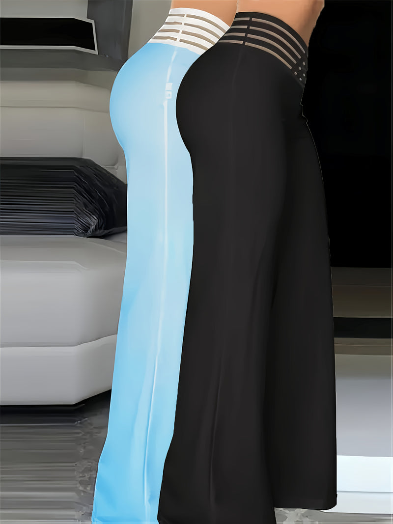 2pcs Women’s Fashion Solid Color Cross Transparent Mesh Patch High-Waisted Pants.
