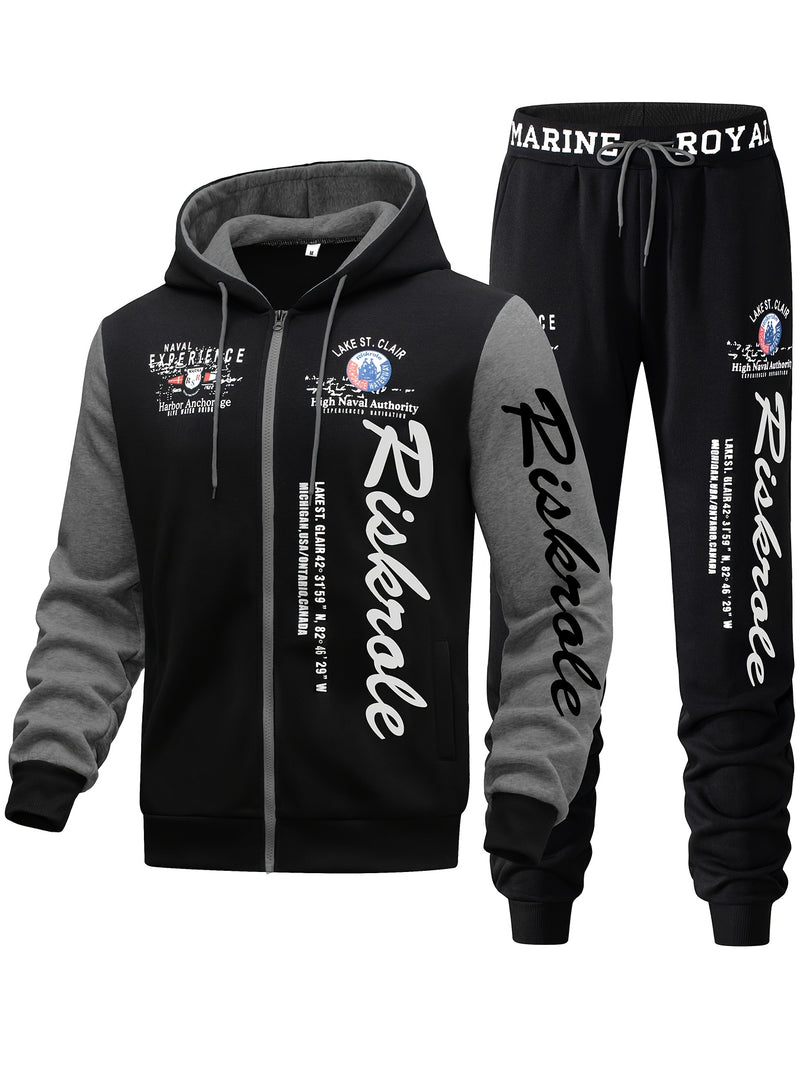 Men's Hooded Sweatshirt with Letter Print, Two-Piece Sports Running Outfit.