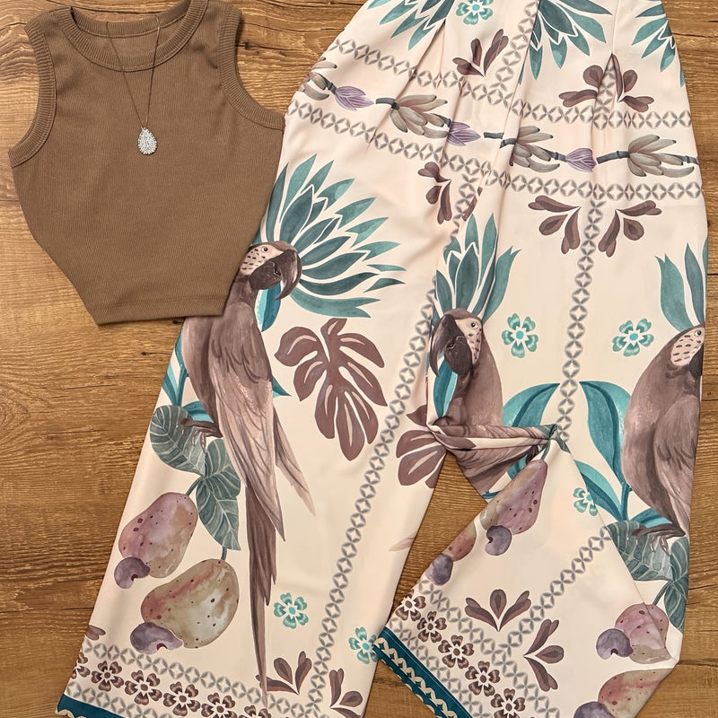 2pcs Women's Tropical Parrot Print Wide Leg Pants and Sleeveless Waistcoat.