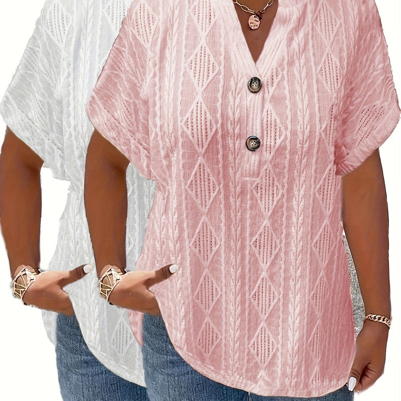 Women's Short-Sleeve V-Neck Solid Color Jacquard Hollow-Out Two-Piece T-Shirt.