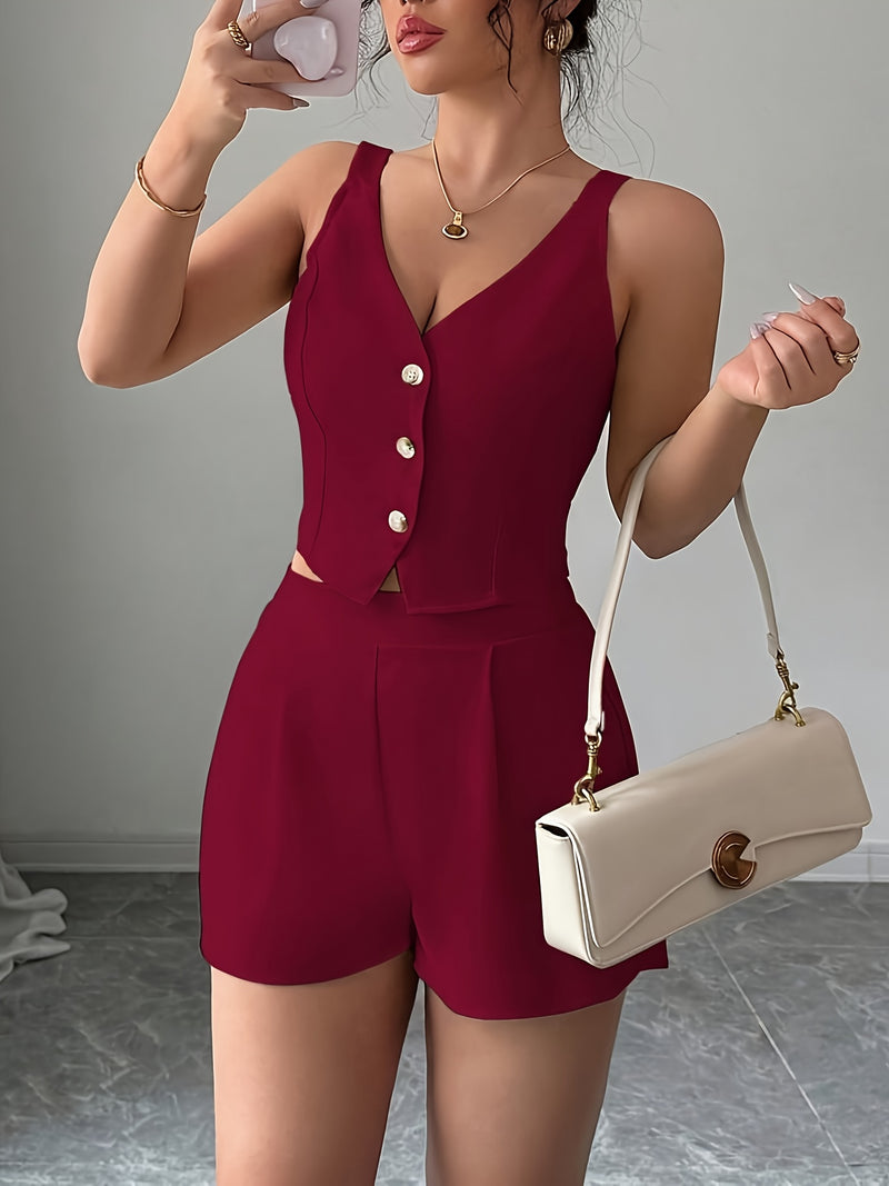 Women's Casual Commuter Simple Solid Color Front Button Vest + Shorts 2pcs.
