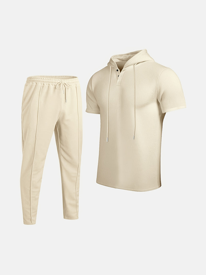 Men's set short sleeved hooded top with drawstring elastic waistband.