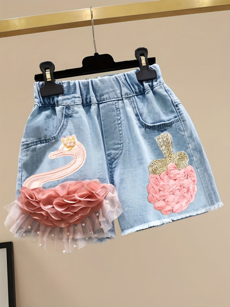 New Girls' Embroidered Swan Denim Shorts, Versatile Outerwear Pants for Girls.