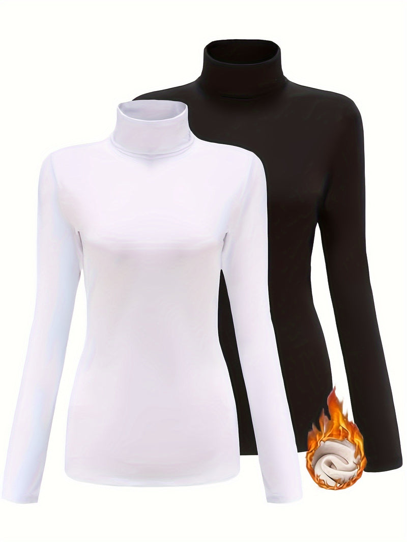 Women's High Collar T-Shirt Autumn And Winter Fleece Lining Warm Long-Sleeved.