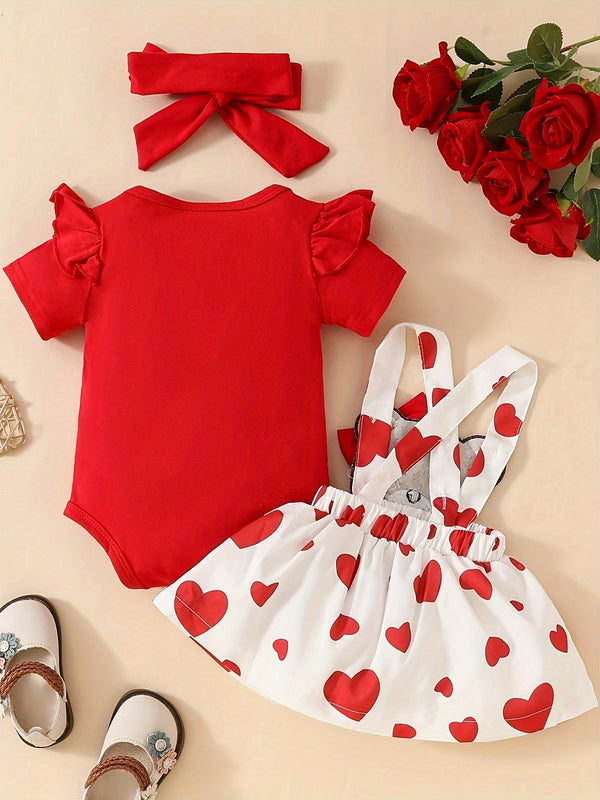 3pcs Cute Bear Heart Pattern Short Sleeve Top and Skirt Set.