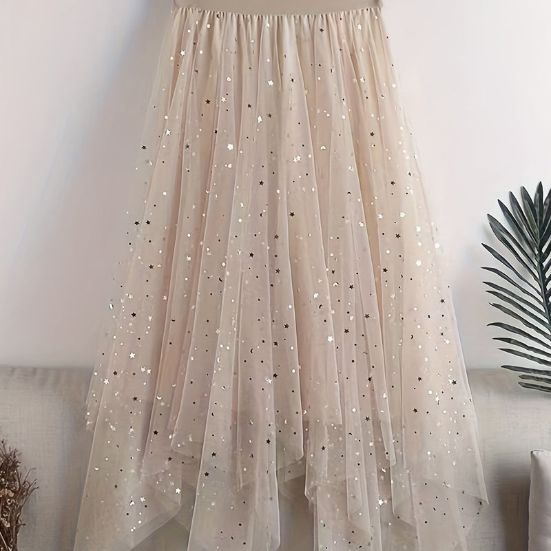 New Women's Sequin Mesh Midi Skirt, High-Waisted.