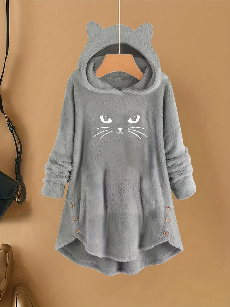 Women's Fashion Fluffy Embroidered Cat Ear Casual Hoodie.
