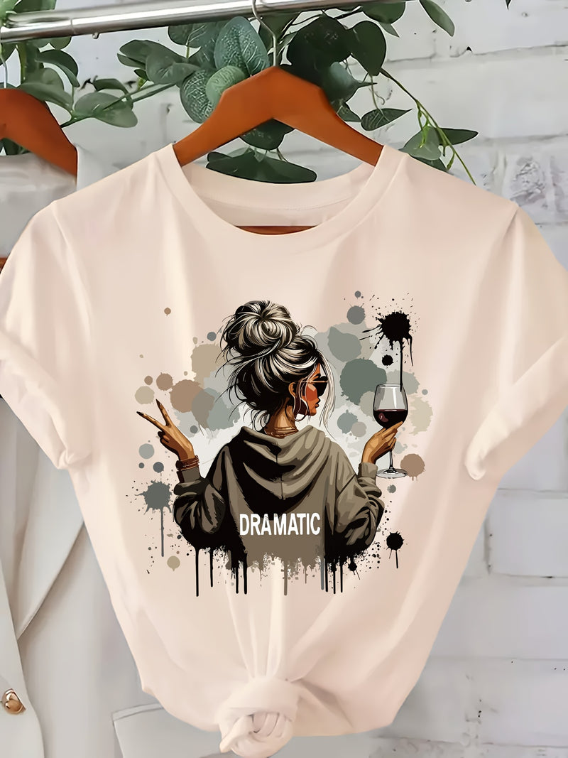 A Women's Stylish Printed Short-Sleeve T-Shirt with a Round Neck.