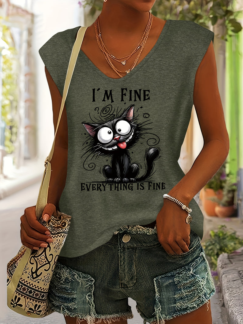Women’s Cute Cat Print Rayon V-Neck Short Sleeve T-Shirt.