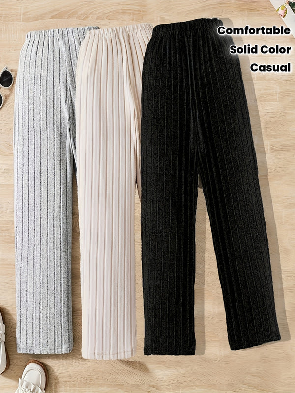 3pcs Set of Solid Color Comfortable Ribbed Straight-Leg CasualnPants for Women.