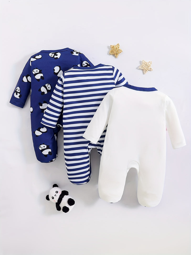 4-Season Cute Panda Striped Solid Color Newborn Baby Crawling Romper.